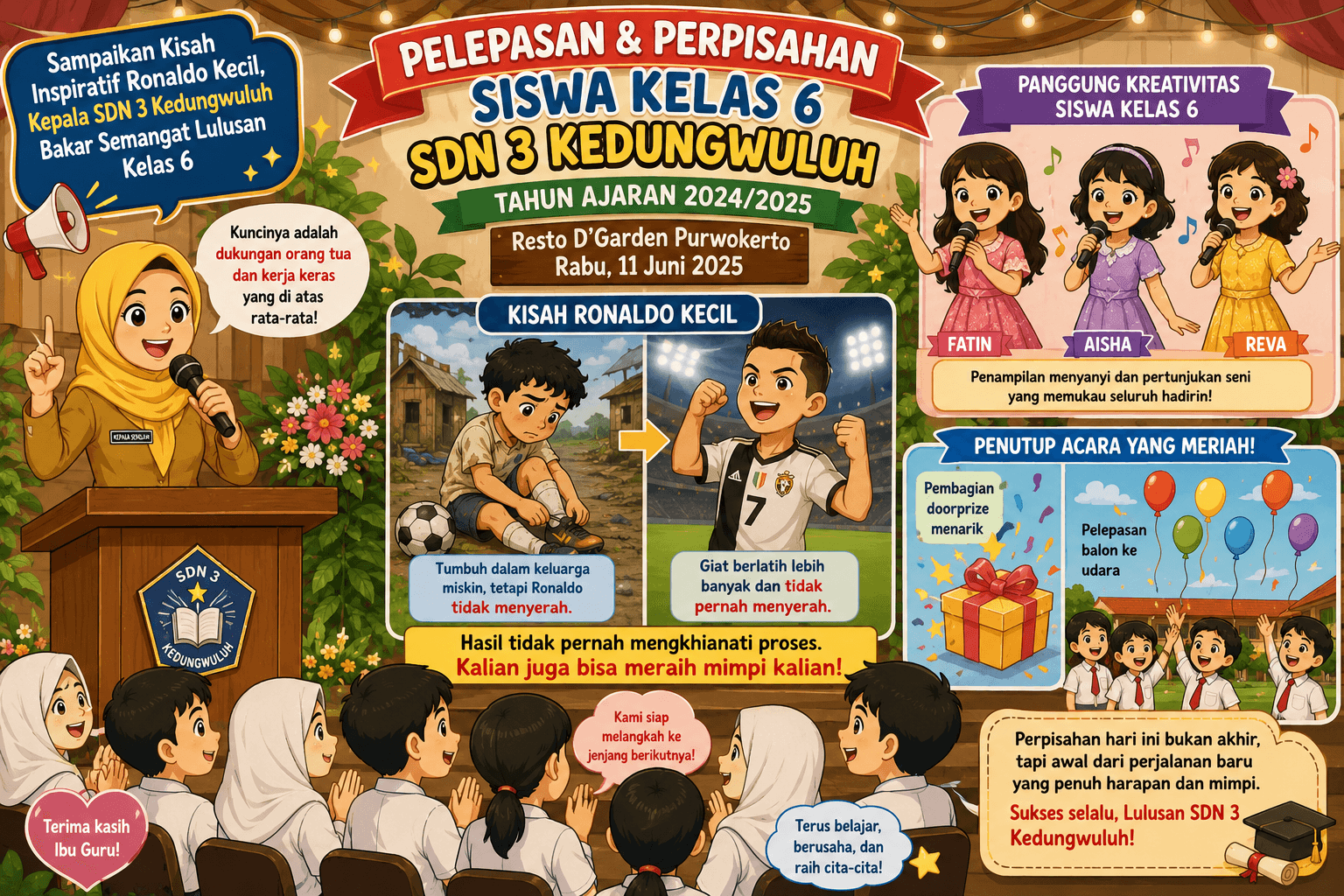 Sampaikan Kisah Inspiratif Ronaldo Kecil, Kepala SDN 3 Kedungwuluh Bakar Semangat Lulusan Kelas 6