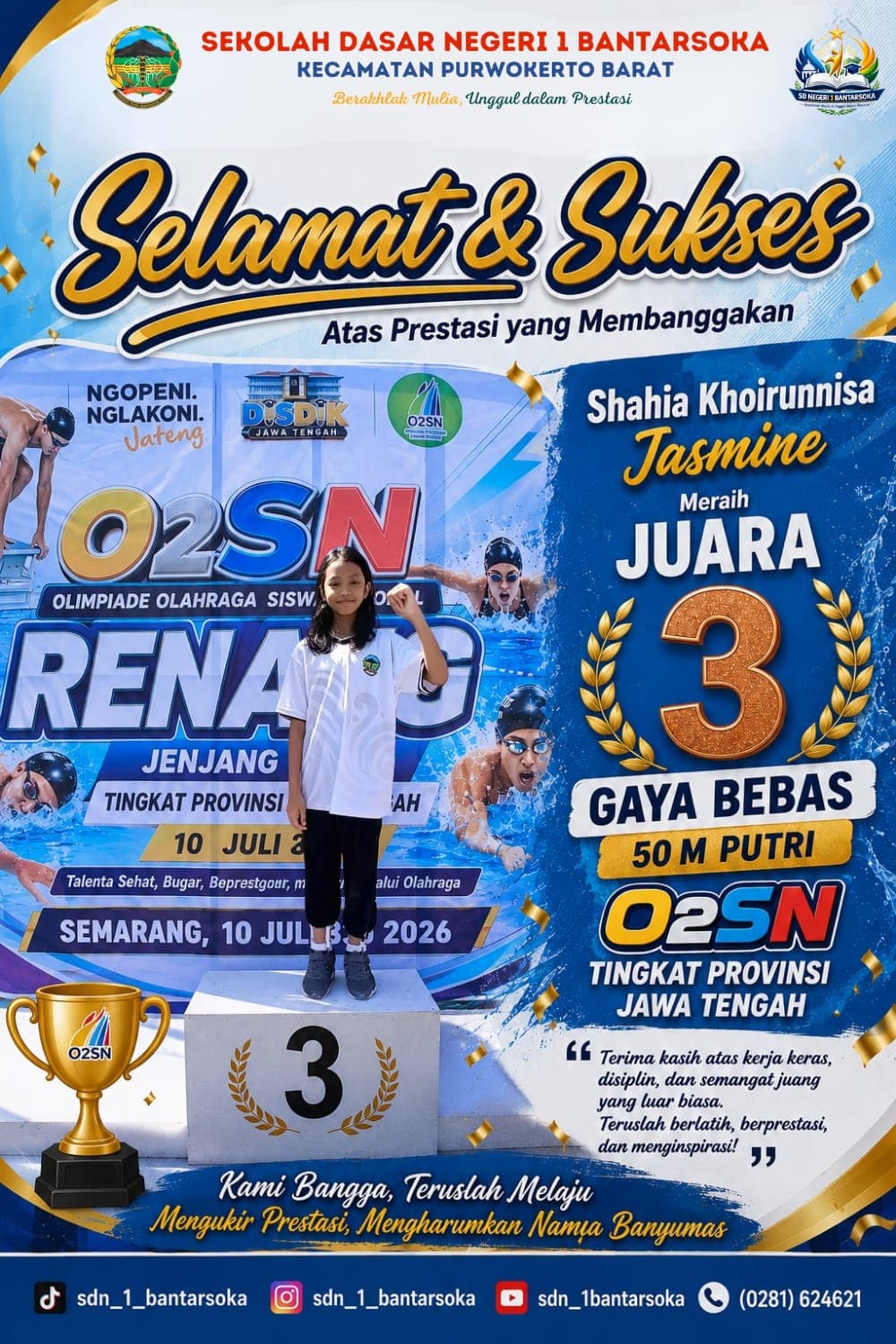 Harumkan Nama Banyumas, Shahia Khoirunnisa Jasmine Sabet Juara III O2SN Provinsi Jawa Tengah