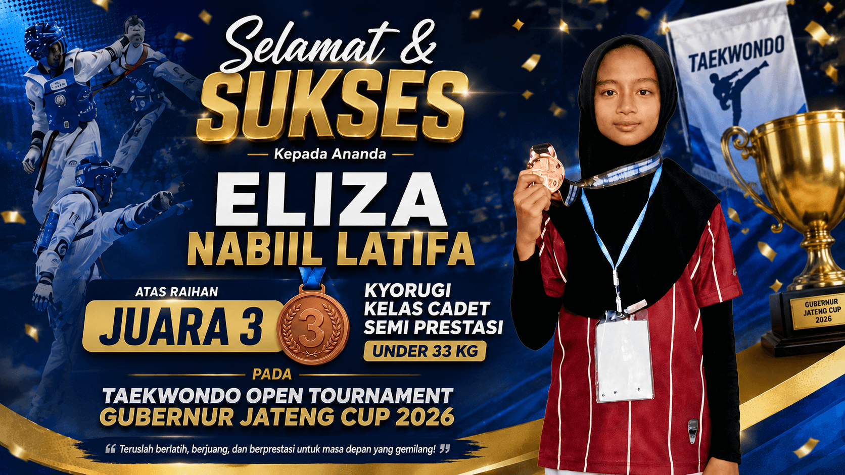 Siswi SDIT Khoiro Ummah Purwokerto Raih Juara 3 Taekwondo Open Tournament Gubernur Jateng Cup 2026